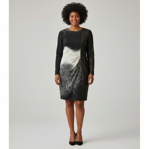 Frank Lyman Mixed Media Faux Leather Grey Black Ruched Sleeved Sheath Dress 12